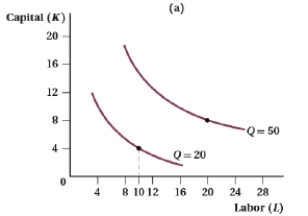 <strong>(Figure: Capital and Labor XII) Which of the following statements is (are) TRUE? I) Panel a illustrates constant returns to scale. II) Panel b illustrates decreasing returns to scale. III) Panel a illustrates increasing returns to scale IV) Panel b illustrates constant returns to scale.</strong> A) I and IV B) II and III C) III and IV D) I and III