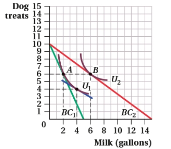 <strong>(Figure: Dog Treats and Milk II) When the price of milk drops, the income effect _____ the quantity of milk consumed from _____.  </strong> A) increases; 2 to 6 gallons B) increases; 4 to 6 gallons C) decreases; 6 to 2 gallons D) increases; 2 to 4 gallons <div style=padding-top: 35px> 