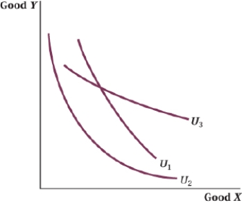 <strong>(Figure: Good Y and Good X III) The indifference curve _____ indicates that the two goods, X and Y, are relatively poor substitutes for one another, whereas the indifference curve _____ indicates that the two goods are close substitutes for one another. </strong> A) U<sub>1</sub>; U<sub>3</sub> B) U<sub>3</sub>; U<sub>2</sub> C) U<sub>2</sub>; U<sub>1</sub> D) U<sub>3</sub>; U<sub>1</sub>