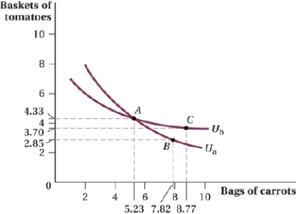 <strong>(Figure: Tomatoes and Carrots III) This figure violates the assumption: </strong> A) of convex indifference curves. B) of transitivity. C) of rankability. D) that the more you have of a good, the less you are willing to give up to get even more of it.