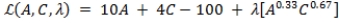 <strong>Suppose that Eugene cares only about action figures and ice cream. His utility function is U = A<sup>0.33</sup>C<sup>0.67</sup>, where A is the number of action figures he owns and C is the number of scoops of ice cream he eats. The price of action figures is $10, and the price of ice cream is $4. Eugene has a budget of $100. How can Eugene's utility maximization problem be expressed as a Lagrangian equation?</strong> A) B) C) D)