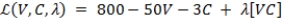 <strong>Suppose that Arthur cares only about video games and coffee. His utility function is U = VC, where V is the number of video games that he plays and C is the number of cups of coffee that he drinks. The price of video games is $50, and the price of coffee is $3. Arthur has a budget of $800. What is the Lagrangian equation that can be used to solve Arthur's utility maximization problem?</strong> A) B) C) D)
