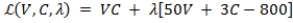 <strong>Suppose that Arthur cares only about video games and coffee. His utility function is U = VC, where V is the number of video games that he plays and C is the number of cups of coffee that he drinks. The price of video games is $50, and the price of coffee is $3. Arthur has a budget of $800. What is the Lagrangian equation that can be used to solve Arthur's utility maximization problem?</strong> A) B) C) D)