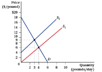 (Figure: Price and Quantity I) The decrease in supply from S<sub>1</sub> to S<sub>2</sub> will cause consumer surplus to _____ and producer surplus to _____.  