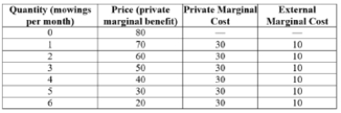 <strong>(Table: Benefits and Costs of Lawn Mowing) Answer the following question.   Besides carrying external marginal costs, suppose that lawn cutting also generates an external marginal benefit of $10. Given this, the socially optimal number of times that a lawn should be mowed in a month is ____.</strong> A) 1 B) 3 C) 4 D) 5 <div style=padding-top: 35px> 