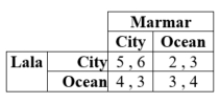 Lala and Marmar are deciding whether to reserve a vacation room with a city view or an ocean view. Their payoffs in terms of their happiness are as follows. a. What are the pure-strategy Nash equilibria if any? b. What is the mixed-strategy Nash equilibrium?