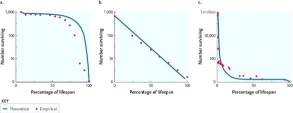 Figure 29-1 -Which survivorship curve in in Figure 29-1 best fits humans who live in environments with good medical care?