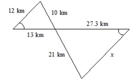 <strong>The triangles in the figure below are similar. Use the proportional property of similar triangles to Find the measure of x. </strong> A)34.2 km B)29.2 km C)19.2 km D)25.2 km
