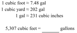 <strong>Use an English conversion for capacity given in the table to convert the following measurement to the Specified measurement. Round to the nearest hundredth, if necessary. </strong> A)39,696.36 gallons B)158,785.44 gallons C)2,837.97 gallons D)709.49 gallons