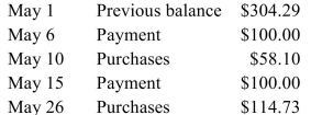 Raoul's credit card statement showed these transactions during May.   The interest rate is 18% per month on the average daily balance. Find the average daily balance, the finance charge for the month, and the new balance on June 1. [Hint: Remember that May has 31 days.]