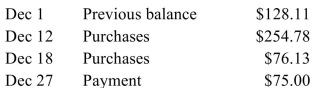 Amanda's credit card statement showed these transactions during December.   The interest rate is 12% per month on the average daily balance. Find the average daily balance, the Finance charge for the month, and the new balance on January 1. [Hint: Remember that December Has 31 days.]
