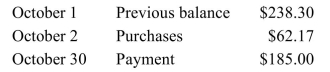 A credit card statement showed these transactions during October.   The credit card has an interest rate of 6% on the average daily balance. Find the average daily balance, The finance charge for the month, and the new balance on November 1. [Hint: Remember that October has 31 days.]