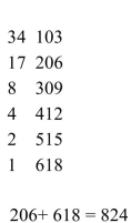 <strong>Use the Russian peasant method to multiply. 34 × 103</strong> A) B) C) D)