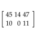 <strong>Solve the problem. When the owner of a picture framing store took inventory of her unused frames, she found that she had 45 oak-8, 14 oak-12, 47 oak-18, 11 walnut-8, and 10 walnut-18. Write this information as a 2 x 3 matrix.</strong> A) B) C) D)
