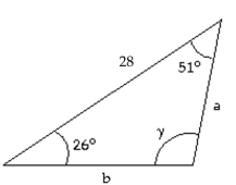 <strong>Solve the triangle with the given parts. </strong> A) 97°, a = 12.4, b = 21.9 B) = 103°, a = 22.3, b = 12.6 C) = 103°, a = 62.2, b = 35.1 D) = 103°, a = 12.6, b = 22.3