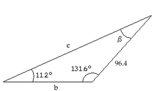 <strong>Solve the triangle with the given parts. </strong> A) = 37.2°, b = 30.9, c = 25.2 B) = 37.2°, b = 371.1, c = 300.1 C) = 37.2°, b = 300.1, c = 371.1 D) = 36.8°, b = 297.3, c = 371.1