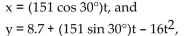 Solve the problem. -A projectile is fired from a height of 8.7 feet with an initial velocity of 151 ft/sec at an angle of 30° with the horizontal. The parametric equations for the path of the projectile are where x and y are in feet and t is in seconds. Find the total horizontal distance traveled by the projectile. Round Your answer to the nearest tenth of a foot.