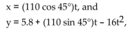 Solve the problem. -A projectile is fired from a height of 5.8 feet with an initial velocity of 110 ft/sec at an angle of 45° with the horizontal. The parametric equations for the path of the projectile are   where x and y are in feet and t is in seconds. Determine the maximum height reached by the projectile. Round Your answer to the nearest tenth of a foot.