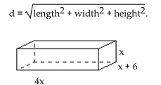Solve the problem. -A rectangular shipping crate, like the figure shown, has a diagonal measurement from the lower back corner to the upper front corner of 78 in. If the longest side is 4 times the shortest side and the third side is 6 longer than The shortest side, find the measurements of the crate to the nearest unit. The formula for the diagonal is
