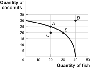 <strong>Use the following to answer questions: Figure: Tom's Production Possibilities (Figure: Tom's Production Possibilities) Look at the figure Tom's Production Possibilities. The opportunity cost for Tom to move from point C on the curve to point A is:</strong> A) 10 coconuts. B) 30 fish. C) 5 coconuts. D) There is no opportunity cost.