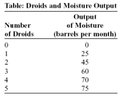 <strong>Use the following to answer question: (Table: Droids and Moisture Output) Look at the table Droids and Moisture Output. Luke Skywalker uses droids to operate a moisture farm in a perfectly competitive market on the planet Tatooine. A barrel of moisture sells for 50 republic credits. A droid costs 675 republic credits per month to rent. How many droids should Luke rent?</strong> A) one B) two C) three D) four