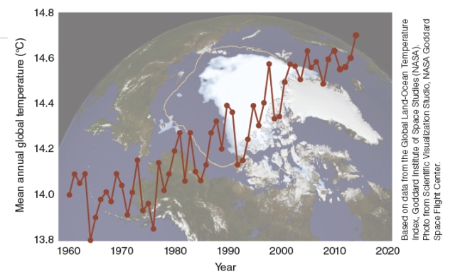<strong>What can be interpreted from the following graph? 1. The graph shows that the Earth's surface temperatures do naturally fluctuate. 2. The graph shows that there has been a warming trend in the last several decades.</strong> A)1 only B)2 only C)1&2 D)None of these choices