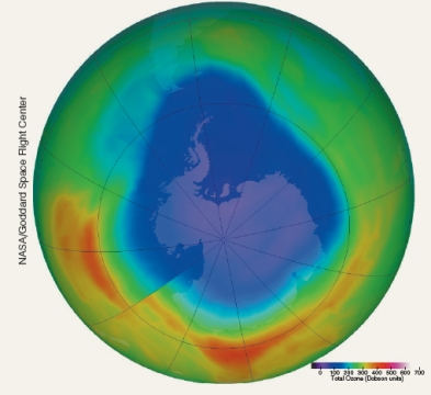 <strong>The computer-generated image below depicts a part of the southern hemisphere in December 2007. What is the source of the purple-colored region on the image represent? </strong> A)A zone with high concentration of atmospheric carbon dioxide B)A zone with high concentration of tropospheric ozone. C)A zone with low concentration of stratospheric ozone. D)A zone with high CFC concentrations.