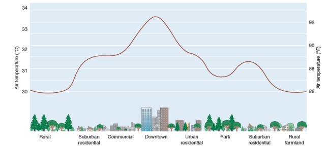 <strong>The figure below shows how temperatures might vary on a summer afternoon over different types of landscapes. What explains the higher temperatures over the city? </strong> A)Thermal inversions B)Heat island C)Dust domes D)Photochemical smog