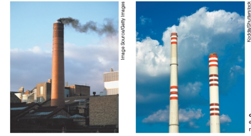 <strong>Comparing the two images below -- the difference in emissions between the two plants below is MOST LIKELY due to: </strong> A)a reduction in the combustion temperature of the fuel used. B)conversion to solar energy as the energy source. C)the use of a catalytic converter to reduce carbon monoxide emissions. D)the use of an electrostatic precipitator to remove particulates.