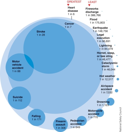 <strong>What can be interpreted from the figure below about the lifetime probability of death by selected causes?  </strong> A)The top three causes of death are caused by risks that are controlled by genetics as well as by lifestyle or environment. B)There is a greater risk of death in flying in an airplane than driving a car. C)All the top five causes of death are caused purely by stochastic (random)events and cannot be changed by behavior. D)All of these causes of death are risks that are solely controlled by environment. <div style=padding-top: 35px> 