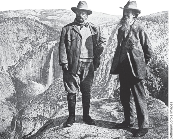 Identify the two men in the photograph below and compare and contrast their views on natural resources and contributions to protecting them in the United States.