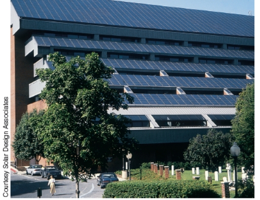 <strong>What type of solar system, illustrated below, is supplying 10% of Georgetown University's electricity? </strong> A)Photovoltaic cell system B)Passive solar heating system C)Forced air re-circulating system D)Nonrenewable radiant energy system E)Biomass conversion solar system