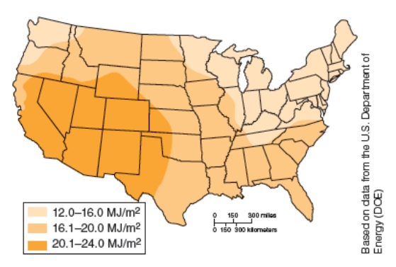 <strong>According to the U.S. map below of average daily total of annual solar energy, which state is least suited for producing electricity from solar energy? </strong> A)Nebraska B)New York C)New Mexico D)North Carolina E)North Dakota