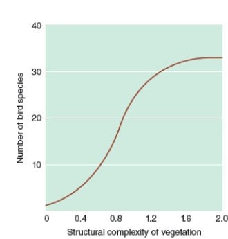 <strong>According to the graph below, how many bird species are supported by the most structurally complex areas? </strong> A)2 B)10 C)25 D)33 E)40