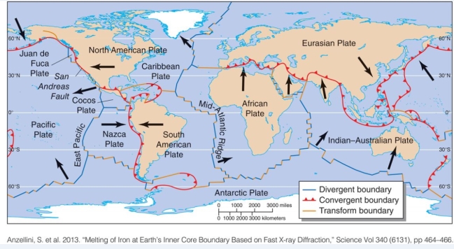 <strong>On the map below the red, blue and yellow lines show ___ and the arrows indicate the ___. </strong> A)the seven major plates…plate boundaries B)historical location of the continents…the directions in which the continents are moving C)three types of plate boundaries…the directions of plate movements D)the locations of upper, lower, and inner mantle…plate tectonics
