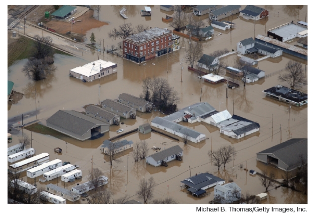 <strong>What is MOST LIKELY shown in the photograph below? </strong> A)Flood irrigation of urban farms B)Flooding of human development on the floodplain of a river C)Surface runoff D)Drainage basin