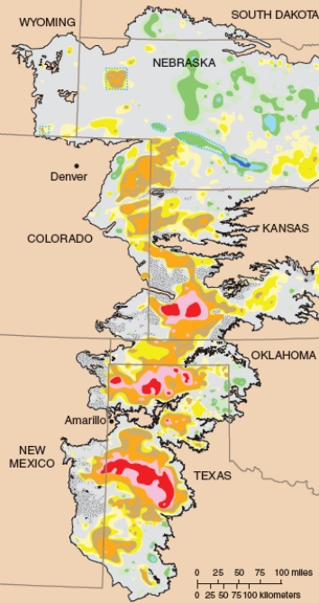<strong>What does the DARK BLUE are on the map illustrate? </strong> A)Areas of the High Plains Aquifer that contain the deepest water. B)Areas of the High Plains Aquifer that have had most of the water removed. C)Areas of the High Plains Aquifer that have run dry. D)Areas of the High Plains Aquifer with high saltwater intrusion.