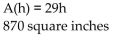 <strong>Solve the problem. The formula for the area of a parallelogram is A = bh. If the base measures 29 inches, the area is a function of the altitude, h. Write the function in function notation where the base is 29. Determine the area of the parallelogram When the altitude is 30 inches.</strong> A) B) C) D)