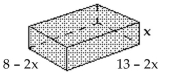 Solve the problem. -Suppose that a rectangular solid has length 13 - 2x, width 8 - 2x, and height x. First write a polynomial that represents the area of the base by multiplying the length by the width. Use that polynomial to find the volume of the figure by multiplying the area of the base by the height.