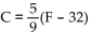 Solve the problem. -Use the formula C   to find the Celsius temperature (C) equivalent to the given Fahrenheit temperature (F). F = 500°