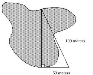 Solve the problem. -Abigail needs to determine the distance at certain points across a lake. Her crew and she are able to measure the distances shown on the diagram below. Find how wide the lake is to the nearest tenth of a meter.