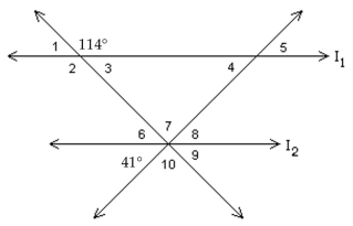 <strong>Find the measures of each numbered angle. Assume that l1 is parallel to l2. </strong> A) ∠1 = ∠3 = ∠6 = ∠9 = 139°, ∠2 = 114°, ∠4 = ∠5 = ∠8 = 41°, ∠7 = ∠10 = 66° B) ∠1 = ∠3 = ∠4 = ∠5 = 66°, ∠2 = 114°, ∠6 = ∠9 = ∠8 =41°, ∠7 = ∠10 = 73° C) ∠1 = ∠3 = ∠6 = ∠9 = 139°, ∠2 = 114°, ∠4 = ∠5 = ∠8 = 73°, ∠7 = ∠10 = 66° D) ∠1 = ∠3 = ∠6 = ∠9 = 66°, ∠2 = 114°, ∠4 = ∠5 = ∠8 = 41°, ∠7 = ∠10 = 73°