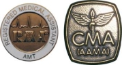 <strong>The pins depicted in this figure are conferred upon passing a certification exam. The pin on the right is conferred on its members by which organization? </strong> A) American Medical Technologists B) American Association of Medical Assistants C) National Healthcareer Association D) National Association for Health Professionals E) National Center for Competency Testing