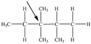 <strong>What is the classification of the carbon that has an arrow pointing at it in the structure drawn below? </strong> A) 0<sup>o</sup> B) 1<sup>o</sup> C) 2<sup>o</sup> D) 3<sup>o</sup> E) 4<sup>o</sup>
