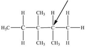 <strong>What is the classification of the carbon that has an arrow pointing at it in the structure drawn below? </strong> A) 0<sup>o</sup> B) 1<sup>o</sup> C) 2<sup>o</sup> D) 3<sup>o</sup> E) 4<sup>o</sup>