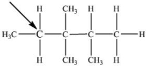 <strong>What is the classification of the carbon that has an arrow pointing at it in the structure drawn below? </strong> A) 0<sup>o</sup> B) 1<sup>o</sup> C) 2<sup>o</sup> D) 3<sup>o</sup> E) 4<sup>o</sup>
