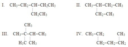<strong>Which of these species are structural isomers of C<sub>6</sub>H<sub>14</sub>? </strong> A) I and II B) I and III C) II and III D) II and IV E) III and IV