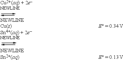 <strong>A cell can be prepared from copper and tin. What is the E°<sub>cell</sub> for the galvanic cell that forms from the following half-reactions? </strong> A) 0.47 V B) 0.21 V C) -0.21 V D) -0.47 V E) 0.42 V
