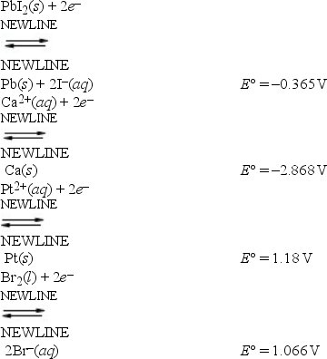 <strong>Based on the data presented below, which is the strongest reducing agent? </strong> A) Pb(s) B) Ca(s) C) Pt(s) D) Br<sup>-</sup>(aq) E) Pt<sup>2+</sup>(aq)