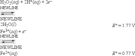 <strong>What is E°<sub>cell</sub> for the following reaction, and is it spontaneous or nonspontaneous under standard-state conditions? 2Fe<sup>3+</sup>(aq) + 2H<sub>2</sub>O(l) → H<sub>2</sub>O<sub>2</sub>(aq) + 2H<sup>+</sup>(aq) + 2Fe<sup>2+</sup>(aq) Given: </strong> A) E°<sub>cell</sub> = -1.00 V, nonspontaneous B) E°<sub>cell</sub> = -1.00 V, spontaneous C) E°<sub>cell</sub> = 1.00 V, nonspontaneous D) E°<sub>cell</sub> = 1.00 V, spontaneous E) E°<sub>cell</sub> = -0.23 V, nonspontaneous